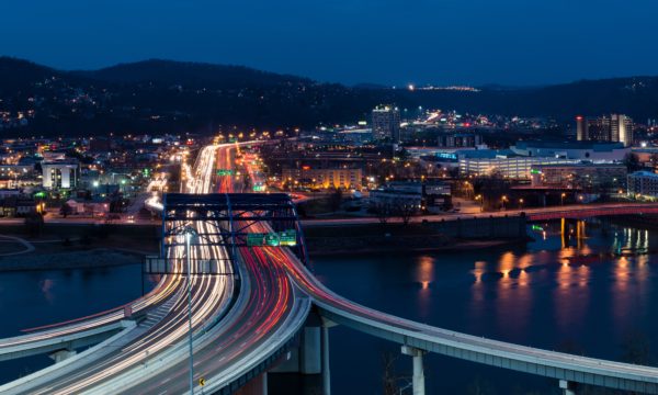Traffic streaks across the Fort Hill Bridge in Charleston, West Virginia on December 18, 2014